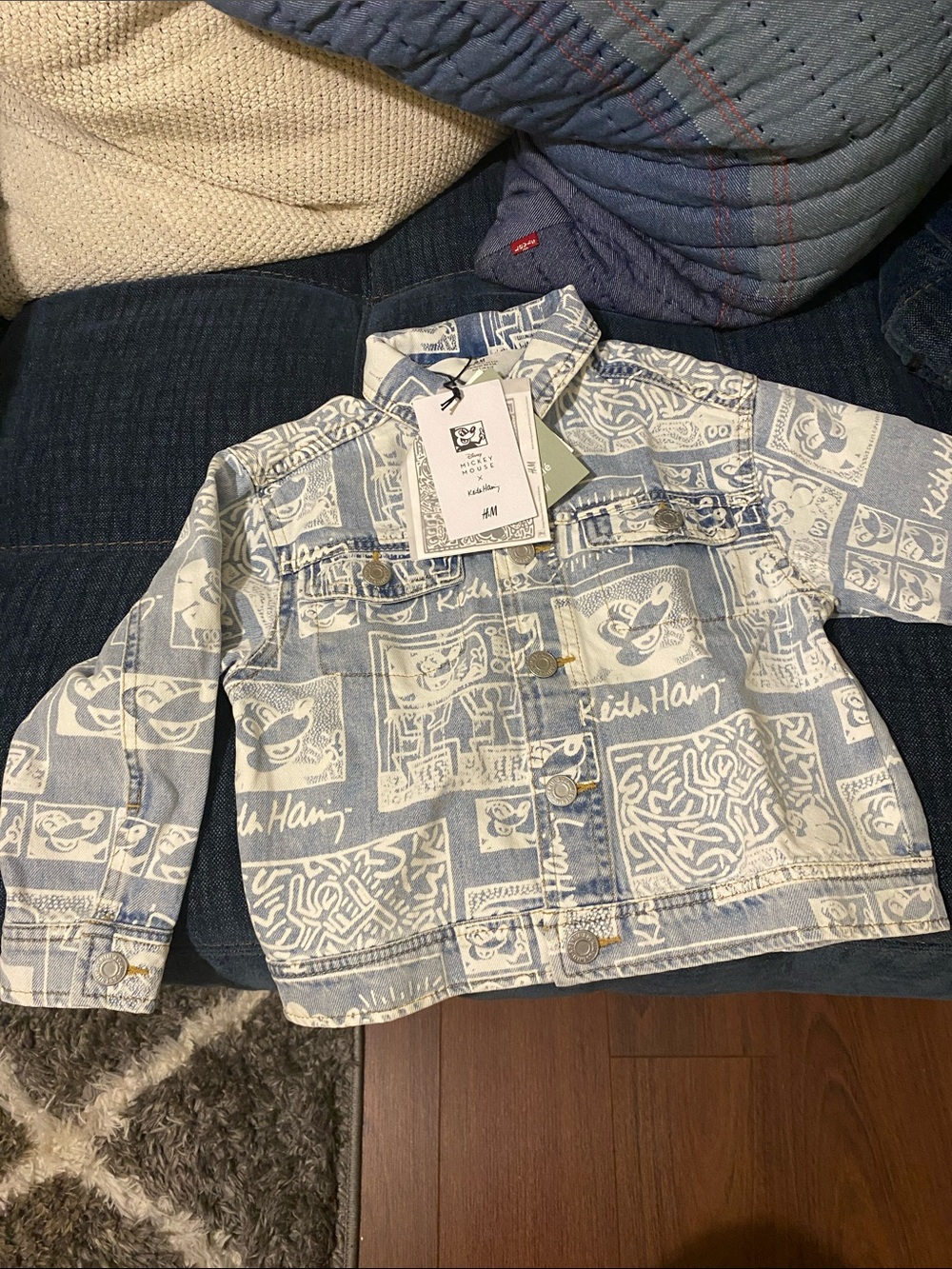 H&M Light Blue & White Graphic Denim Jacket for Kids with matching baseball cap